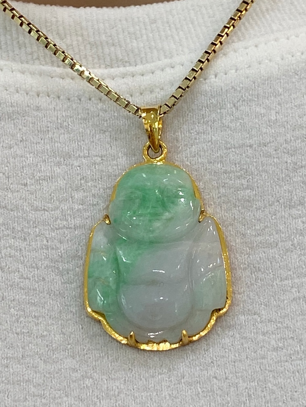 Intricately Carved Jade of Smiling Buddha Pendant, 18K Gold